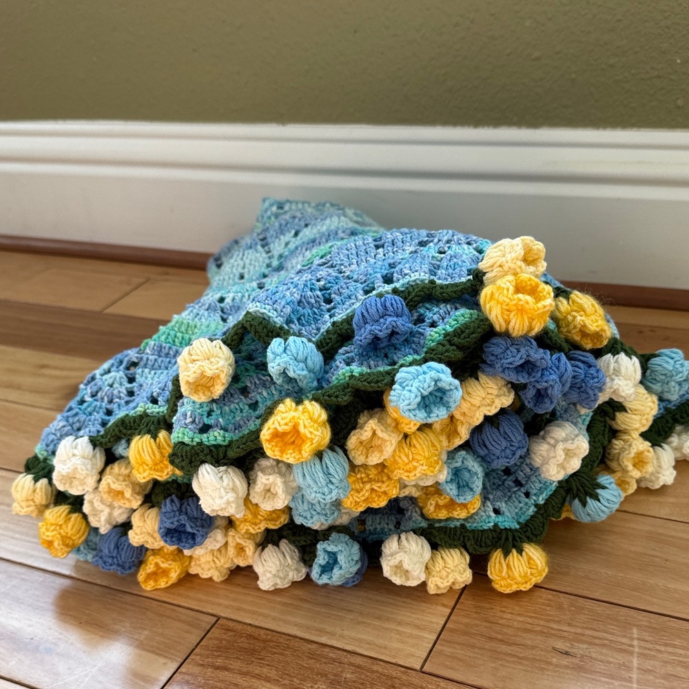 Colorful Crochet Blanket with Floral Accents bouquet blanket/shawl/baby blanket
